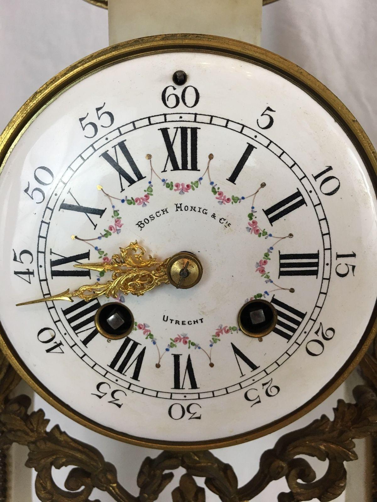 French Portico Clock Set White Marble, Brass, circa 1900, Running In Good Condition In Seattle, WA