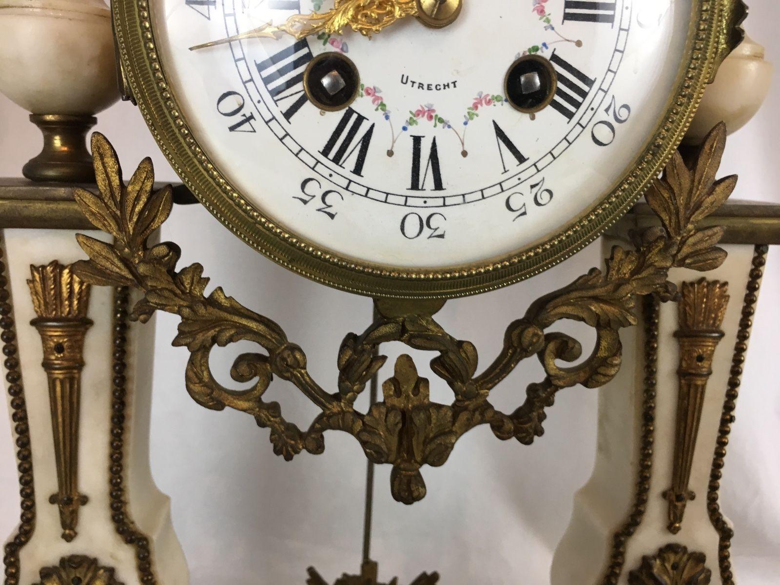 20th Century French Portico Clock Set White Marble, Brass, circa 1900, Running