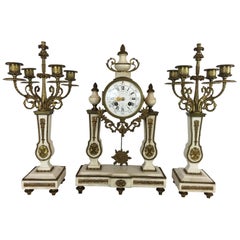 French Portico Clock Set White Marble, Brass, circa 1900, Running