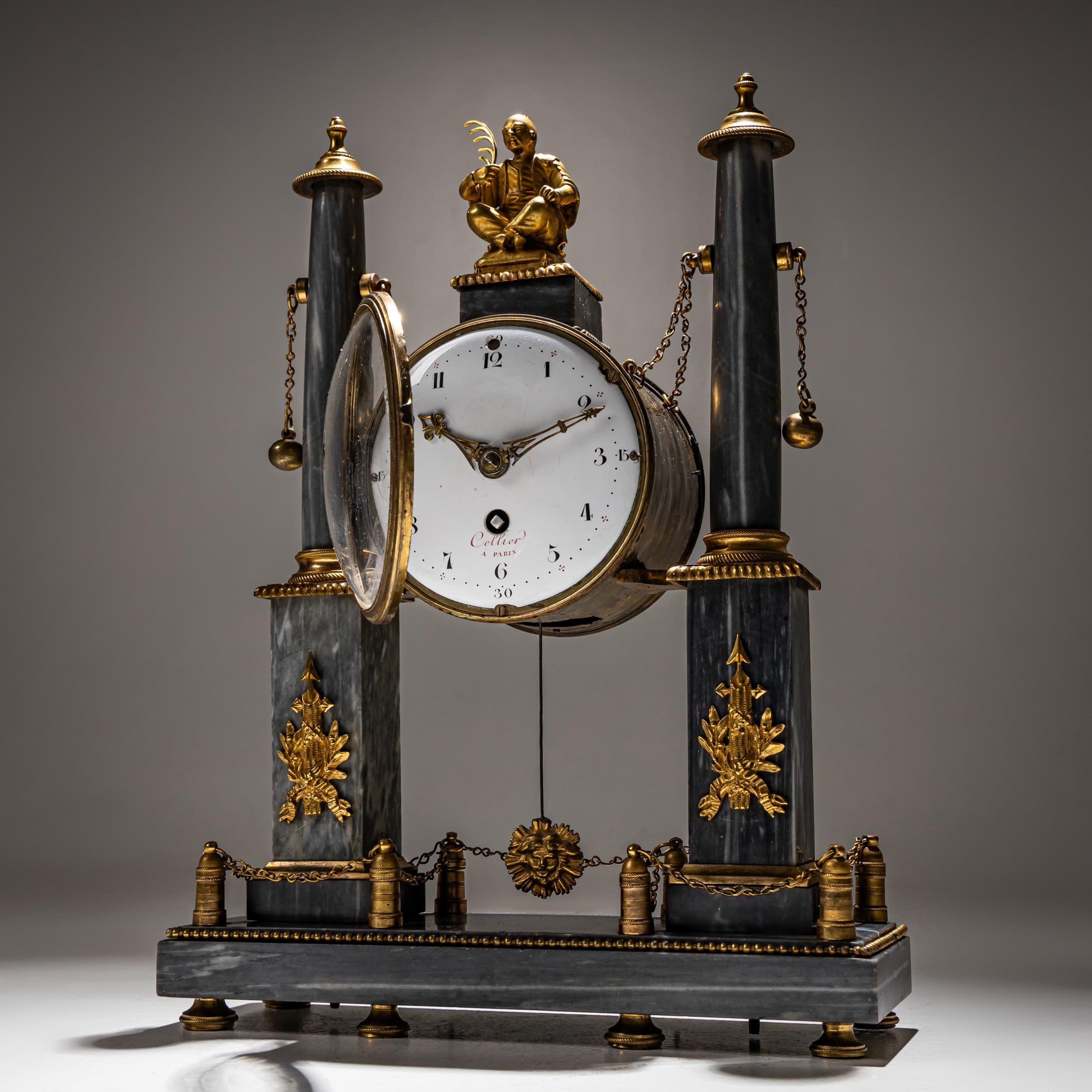 Marble French Portico Clock Signed Cellier à Paris, 19th Century For Sale