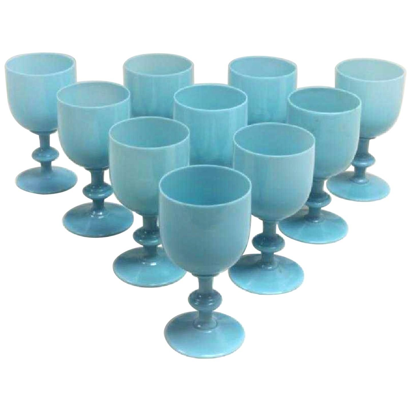 French Portieux Vallerysthal Turquoise Opaline Goblets, Set of Ten, circa 1930