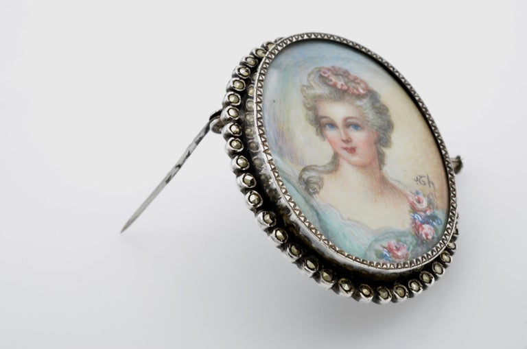 French Portrait of a Lady Cameo Painted Silver Brooch with Marcasite