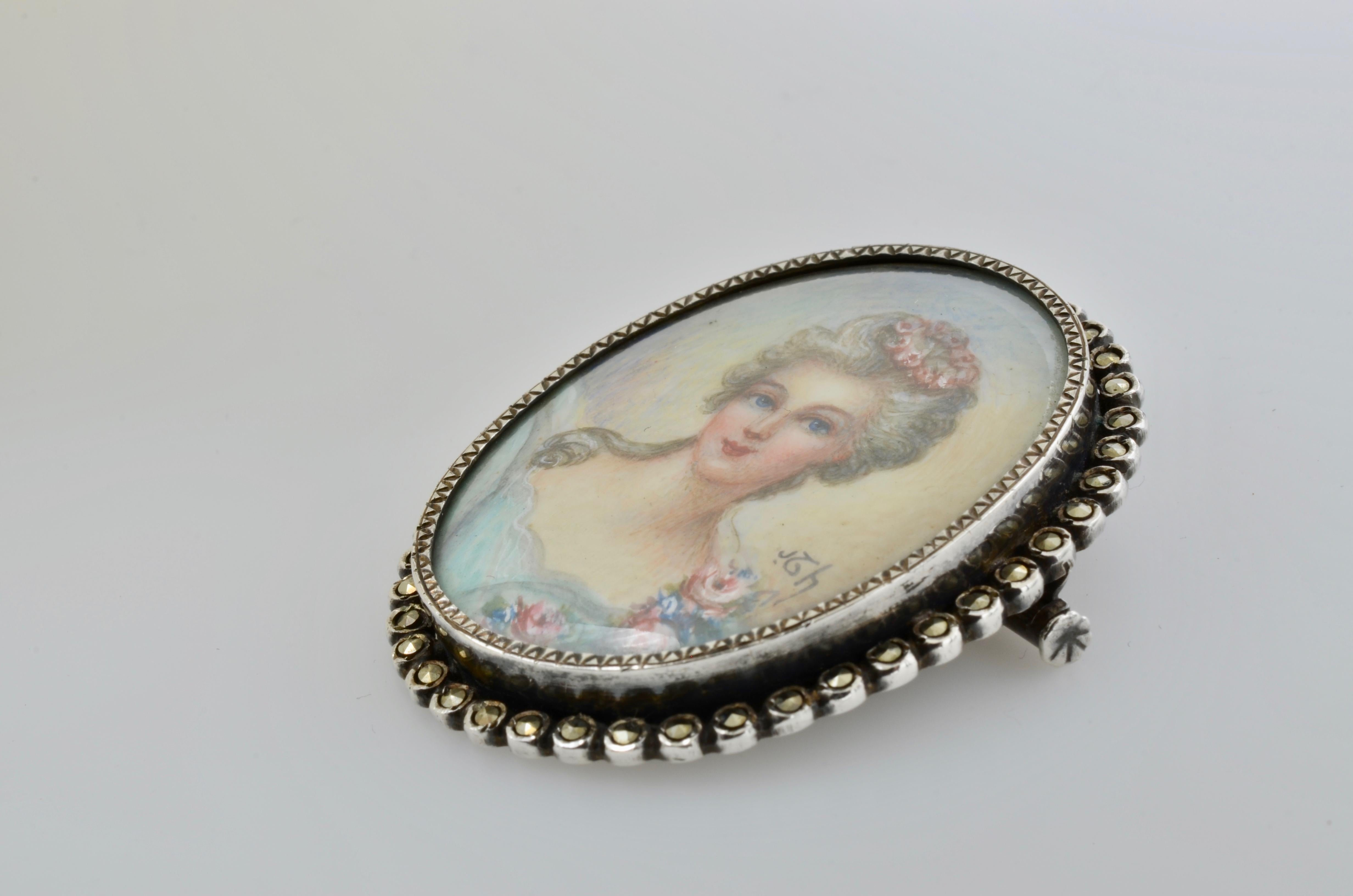 Cameo Hand Painted French Lady Portrait Silver Brooch Marcasite Halo In Excellent Condition In Berkeley, CA