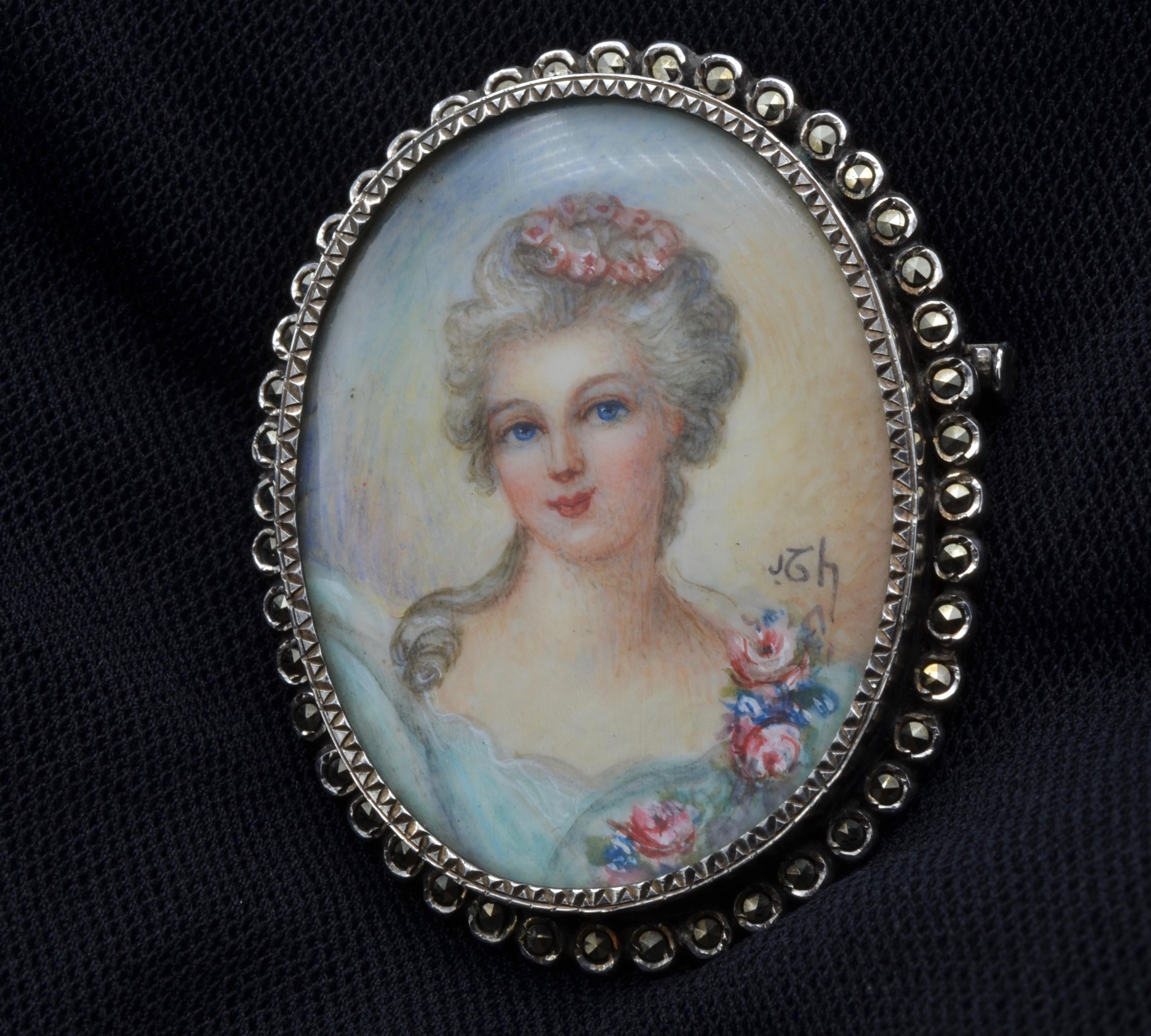 Women's or Men's Cameo Hand Painted French Lady Portrait Silver Brooch Marcasite Halo