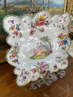 French Possibly Faience Hand-Painted Scalloped Dish with Romantic Scene