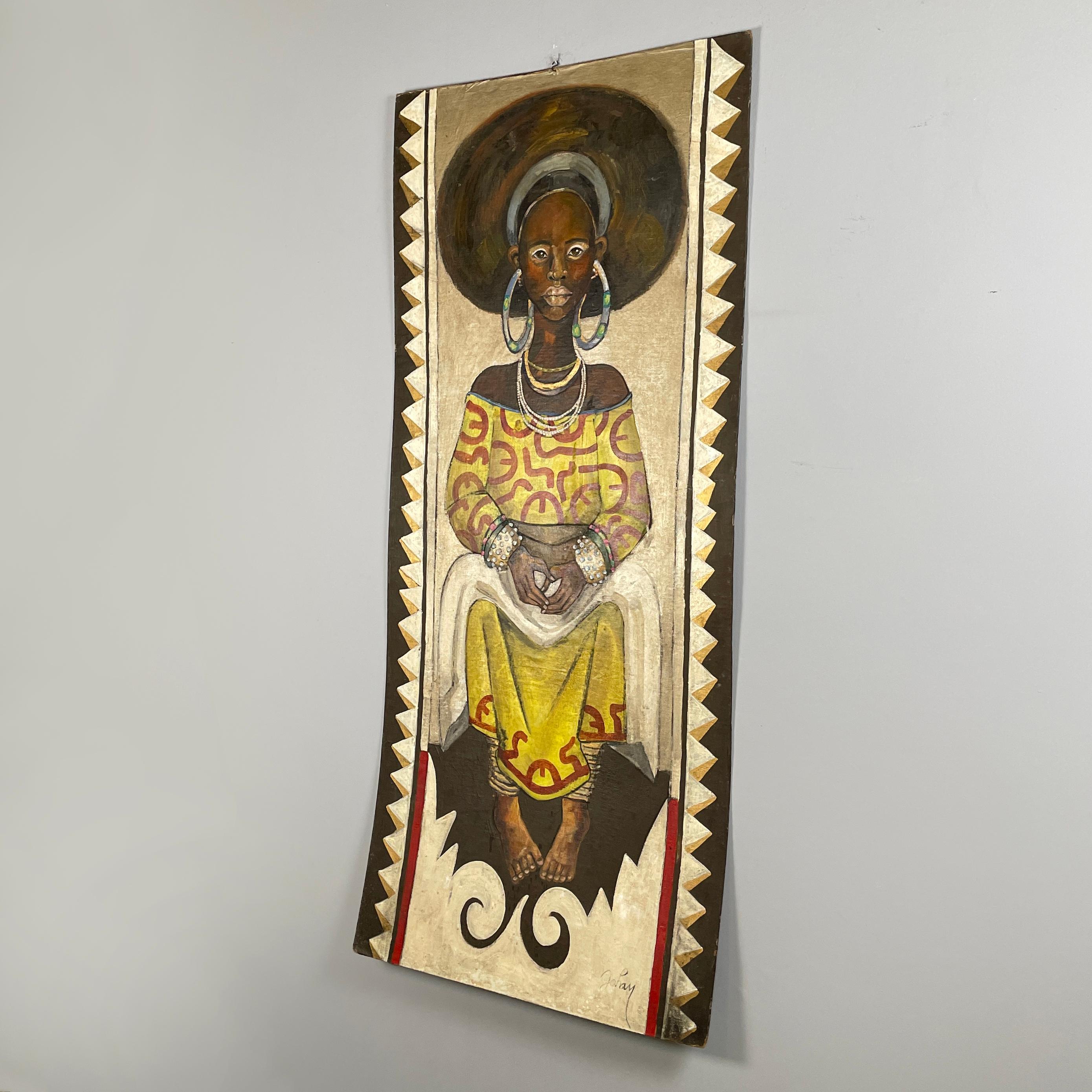 Pittura post cubista francese di donna africana su masonite di Etiennette Johan, anni '50
Fantastico dipinto vintage di una donna africana su masonite. Il dipinto raffigura una donna africana seduta frontalmente, vestita con Jewell e abiti gialli