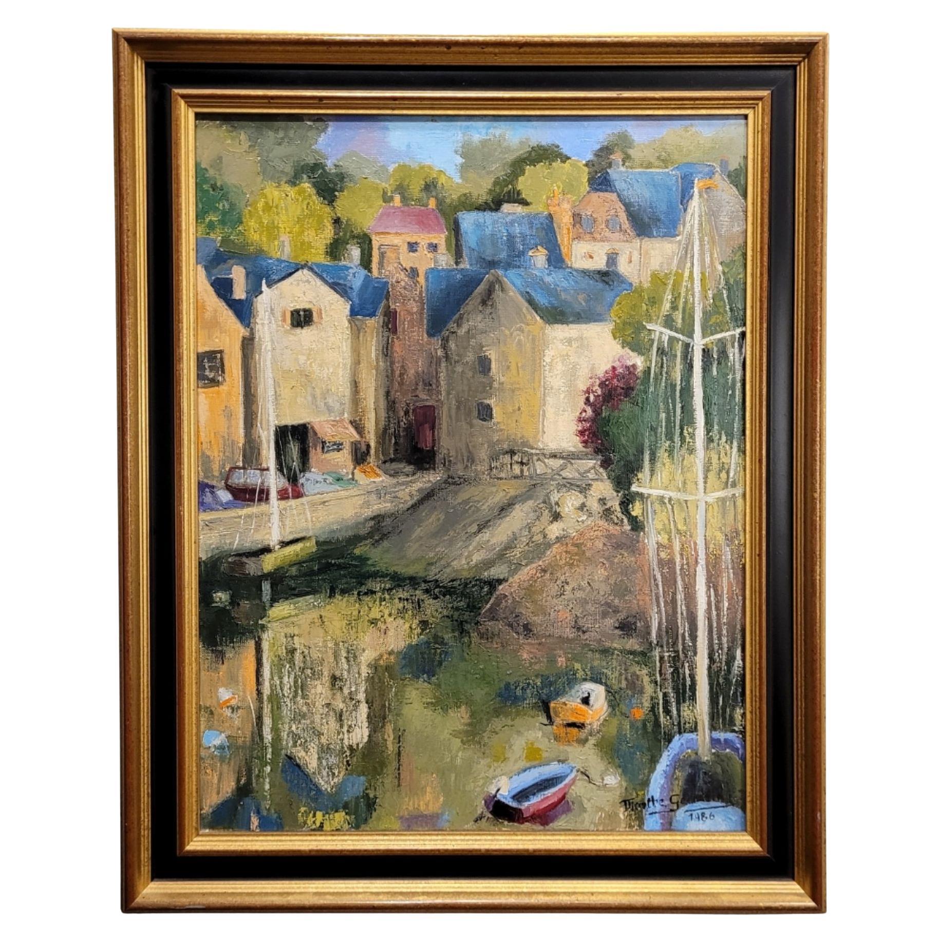 Post-Impressionnisme français Huile sur toile Paysage L'avenue du port par Mart en vente