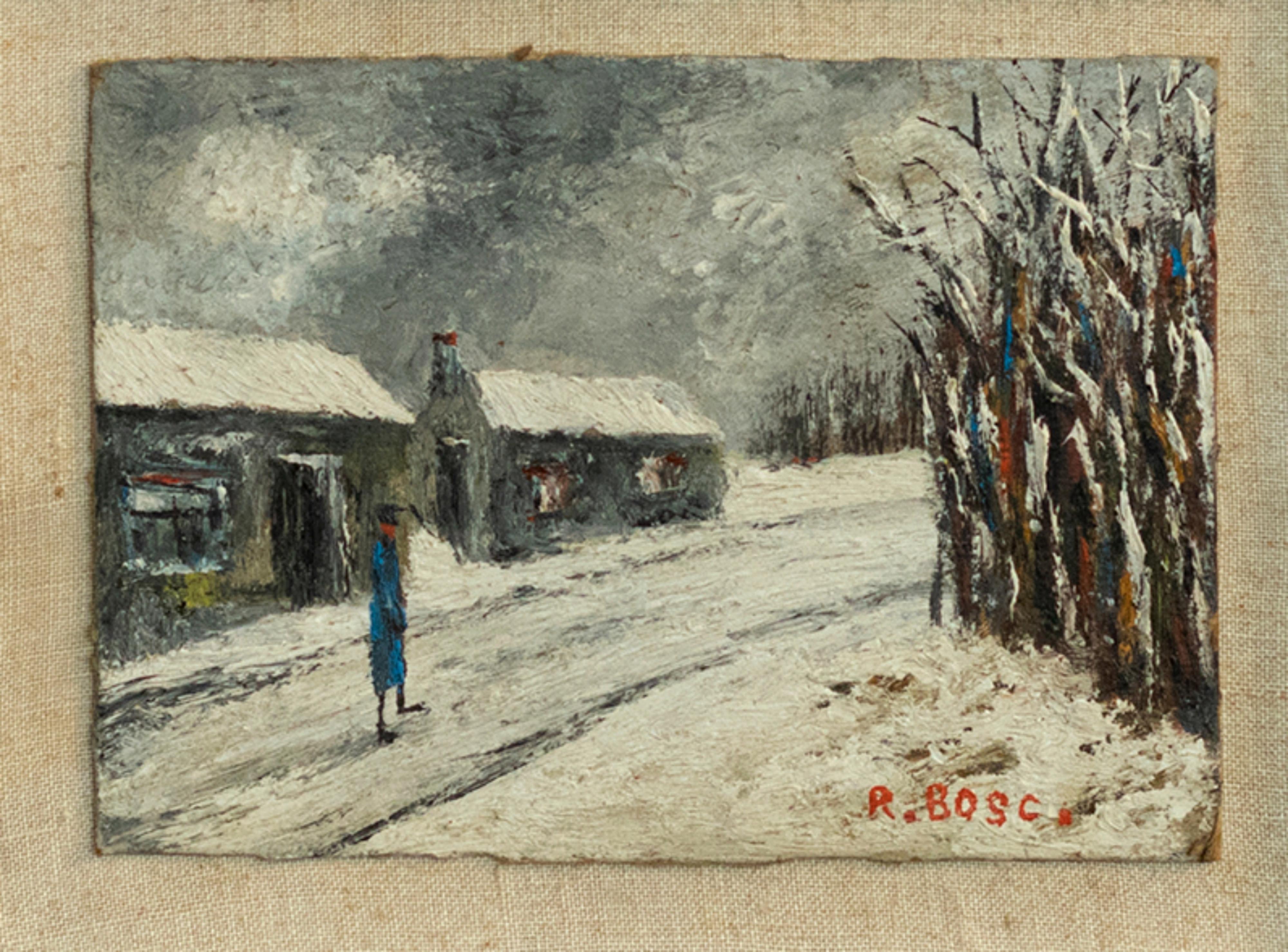 In the somber atmosphere of the Bosque de Boulogne, a lone figure walks alone, lost in thought. This evocative oil painting, executed in the early 20th century, captures the melancholic mood of the Winter season. The artist, 