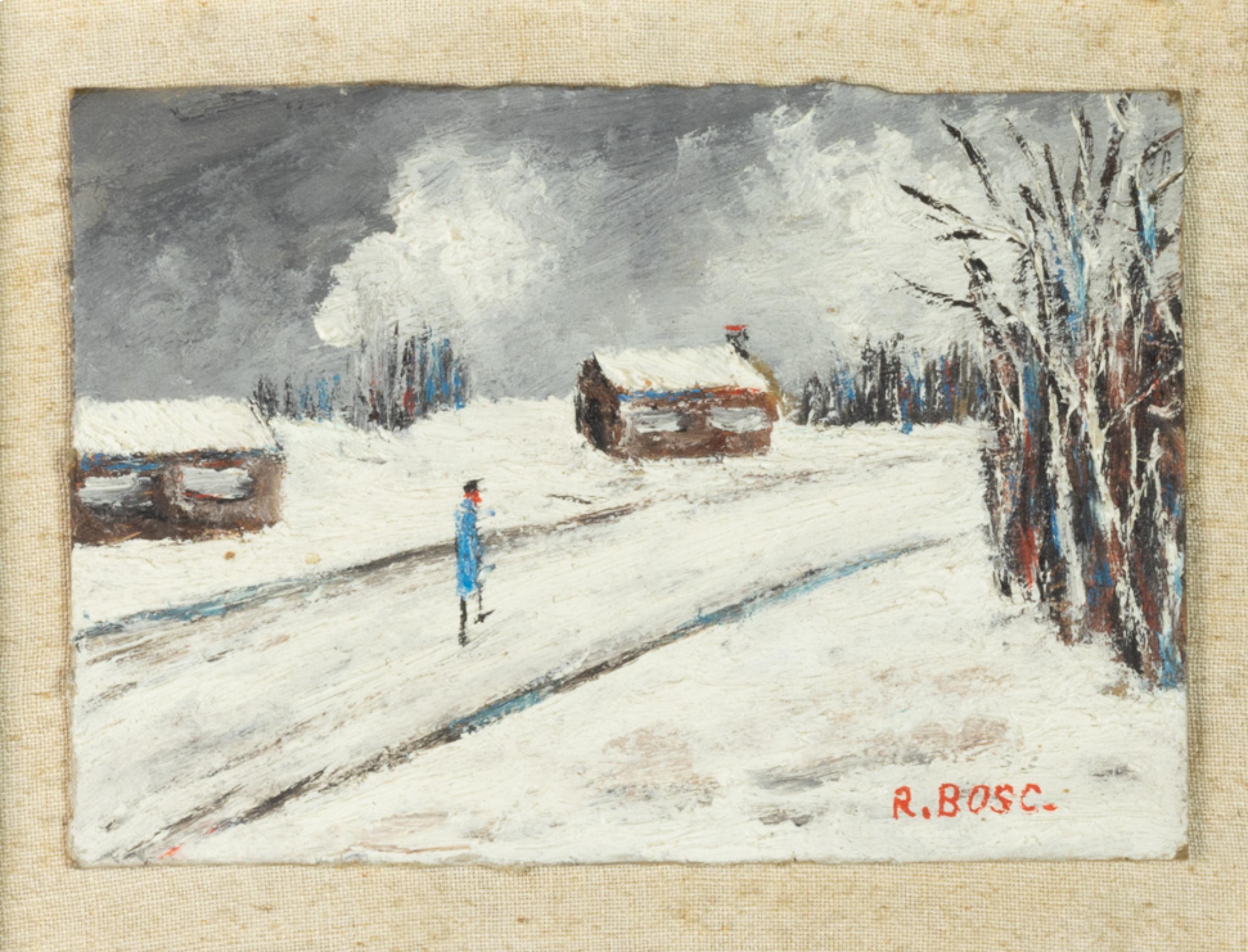 Ein postimpressionistisches Ölgemälde auf einer Kompositplatte aus dem frühen 20. Jahrhundert, das eine Winterszene in der Gegend des Bosque de Vincennes zeigt, signiert 