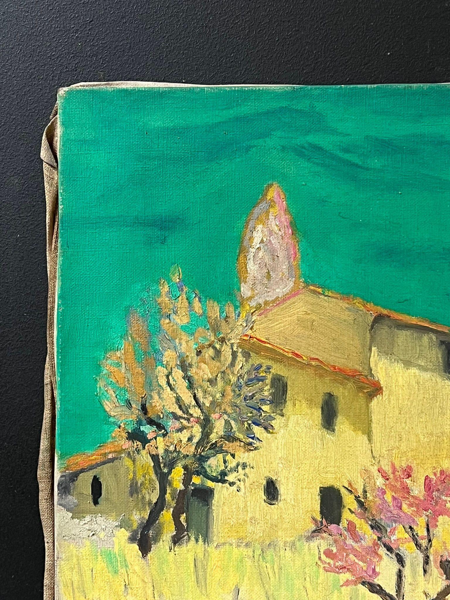 Pittura ad olio impressionista francese del 1900 con casa gialla illuminata dal sole e alberi in fiore - Painting Postimpressionismo di French Post-Impressionist