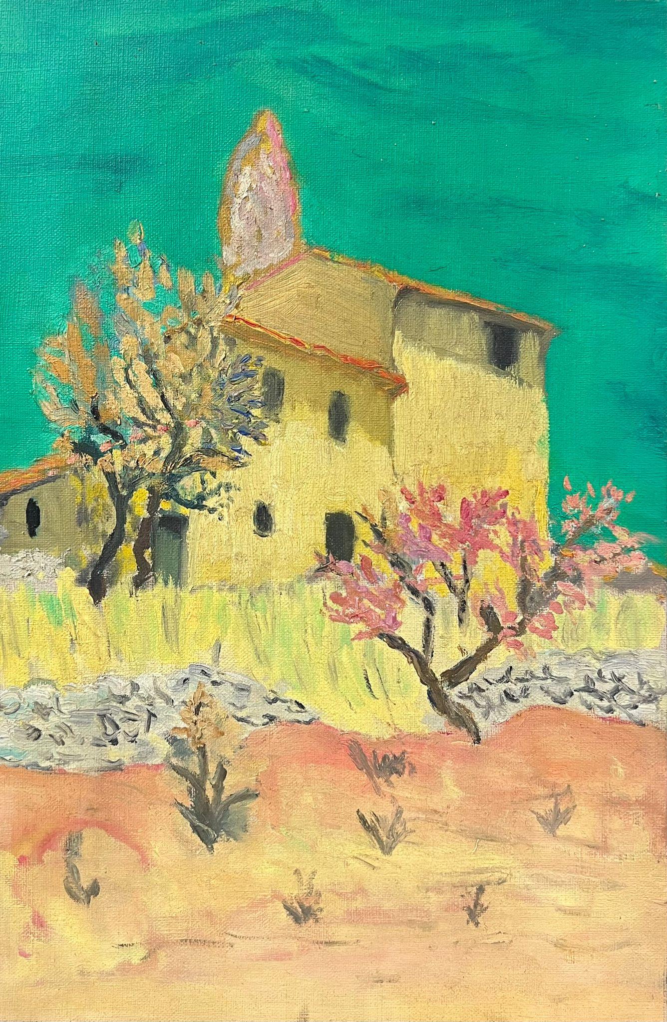 Pittura ad olio impressionista francese del 1900 con casa gialla illuminata dal sole e alberi in fiore in vendita 1