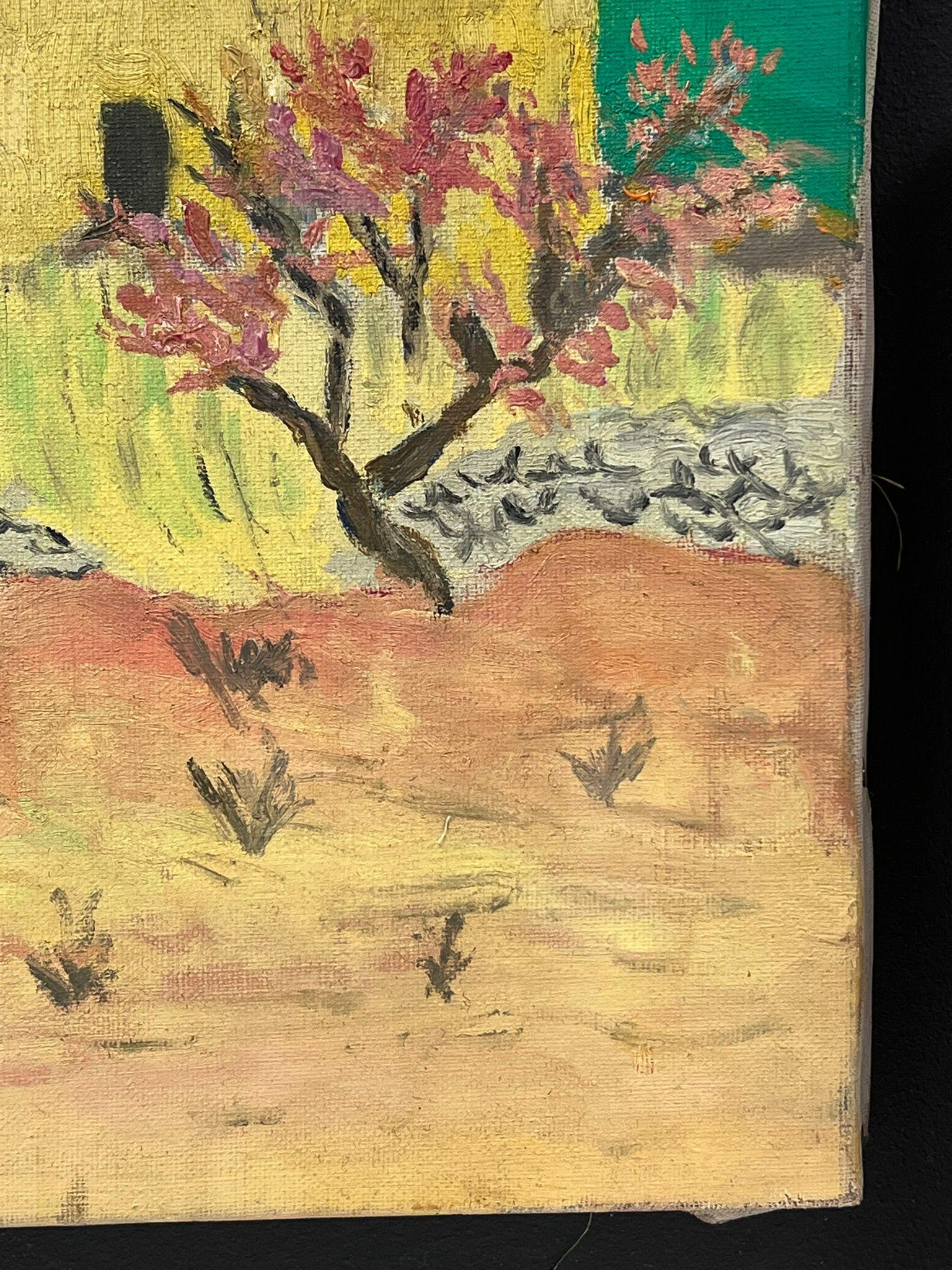 Pittura ad olio impressionista francese del 1900 con casa gialla illuminata dal sole e alberi in fiore in vendita 2