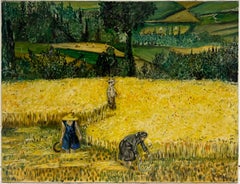 Large 1970's French Post-Impressionist Signed Oil Figures in Wheat Field Harvest