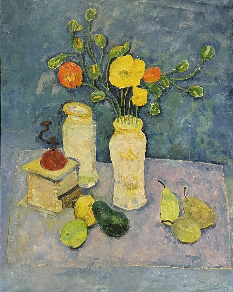 Artist/ School: French School, mid 20th century

Title: Still life of fruit with coffee grinder

Medium:  oil painting on canvas laid over board, framed.

framed: 42 x 34 inches
board:  36.25 x 28.75 inches

Provenance: private collection,