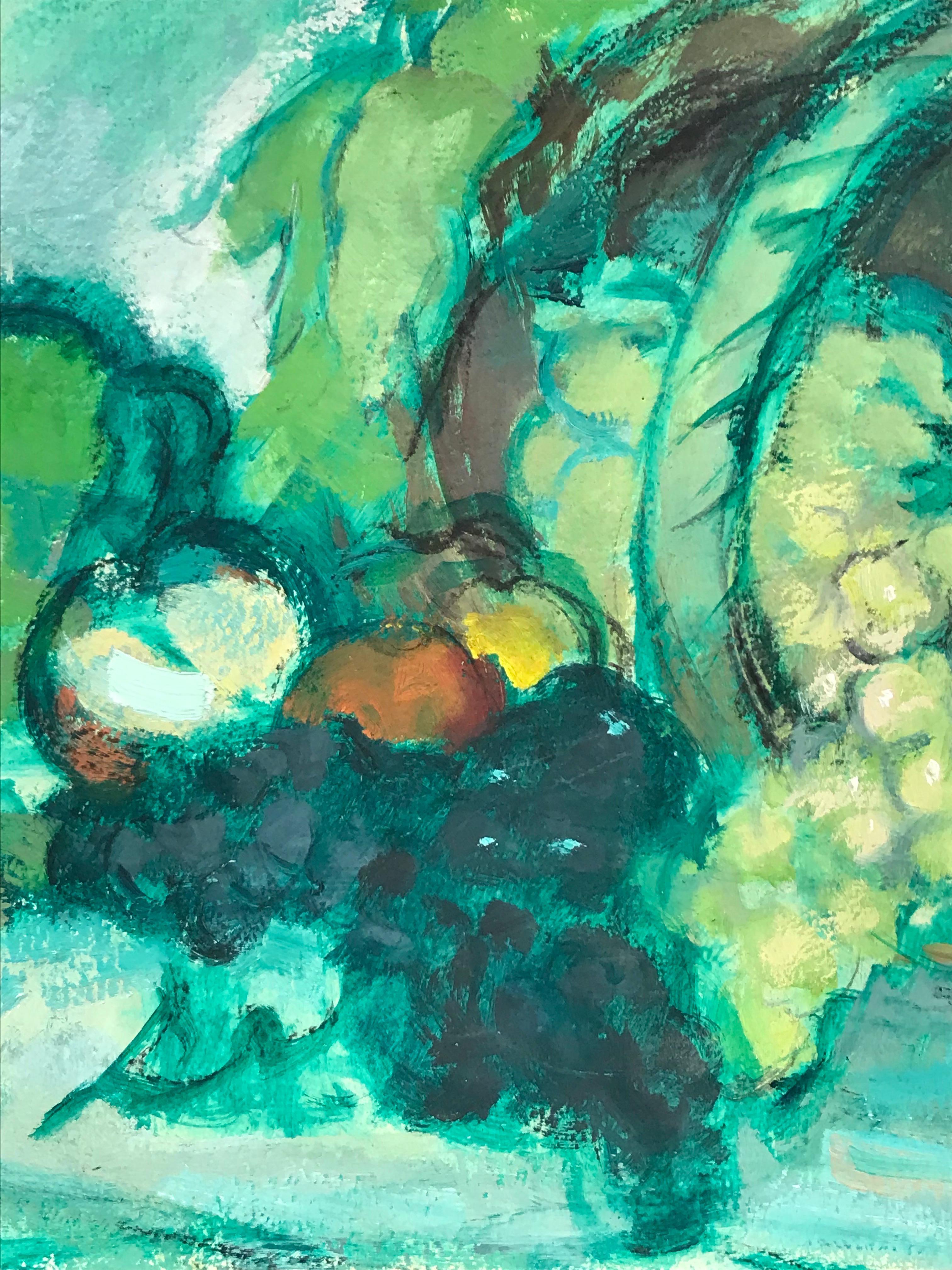 Signed Vintage French Post-Impressionist Oil Grapes & Fruit - Amazing Greens For Sale 4