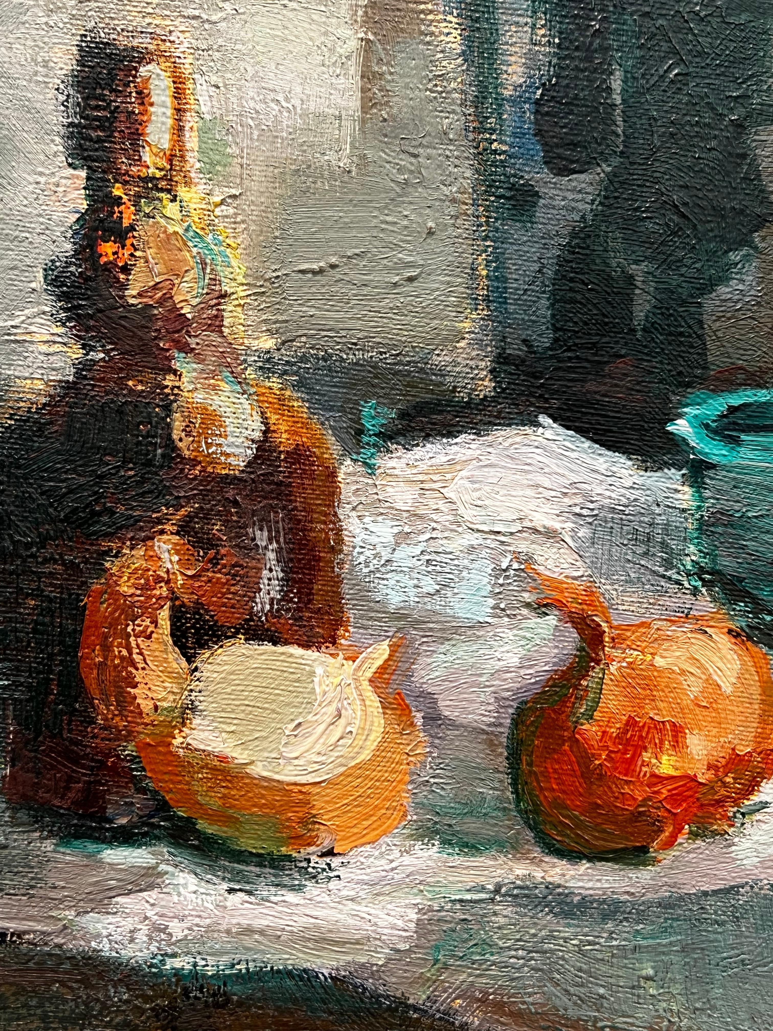 Olio d'epoca francese post-impressionista firmato Tavolo interno e cipolle - Painting Postimpressionismo di French Post-Impressionist