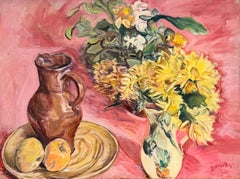 Yellow Flowers and Copper Jug in Pink Still Life Interior Oil French Painting
