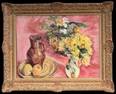 Yellow Flowers and Copper Jug in Pink Still Life Interior Oil French Painting