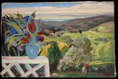 Large 1930's French Post Impressionist Landscape with Flowers Terrace & Valley