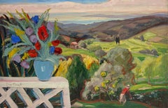 Large 1930's French Post Impressionist Landscape with Flowers Terrace & Valley