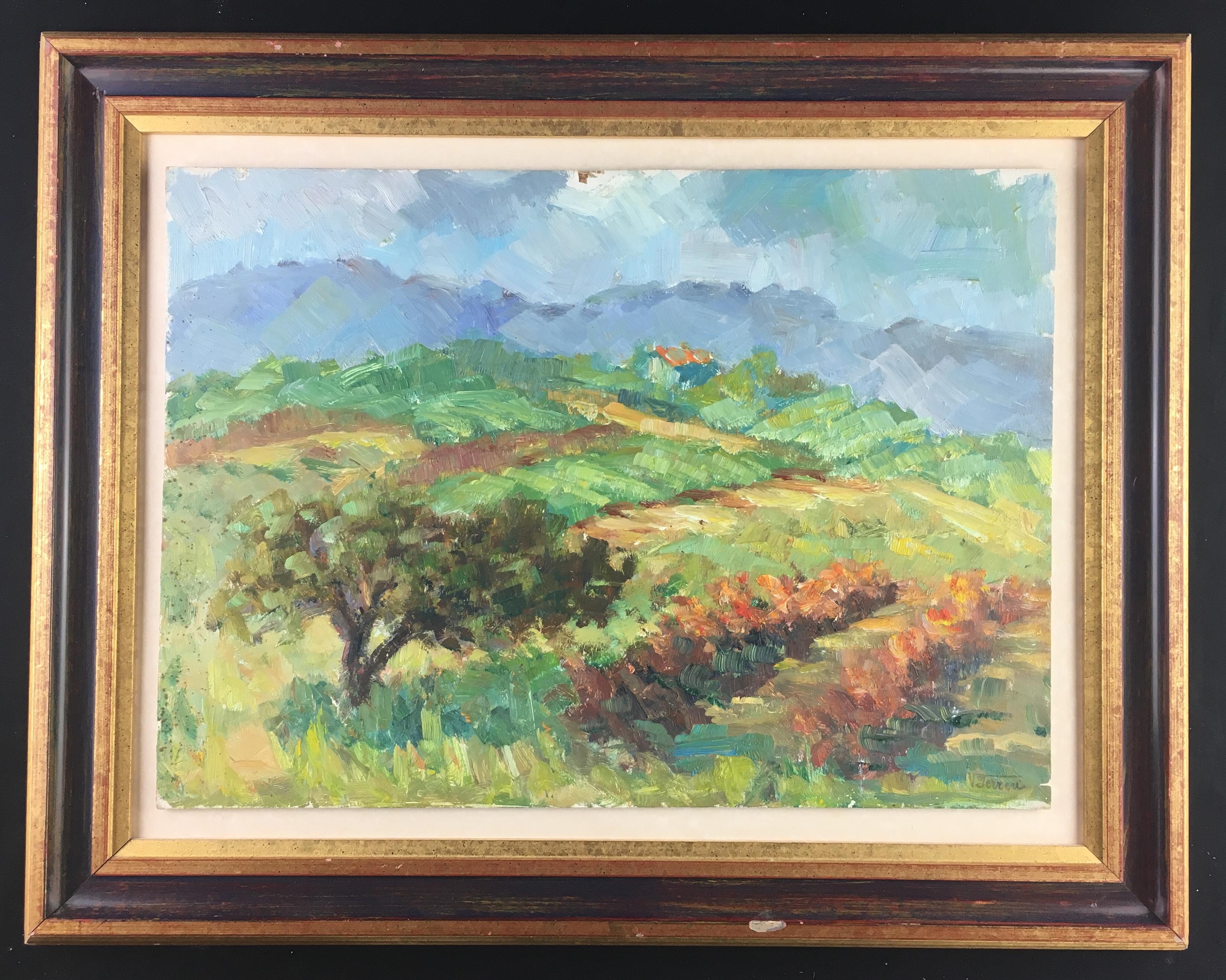 Beautiful original painting on isorel (board) depicting a typical Provençal landscape with its olive tree and hills. Very vivid colors just like the scenery in the region in spring and summer. 

The artist Victor Ferreri is a very well-known listed
