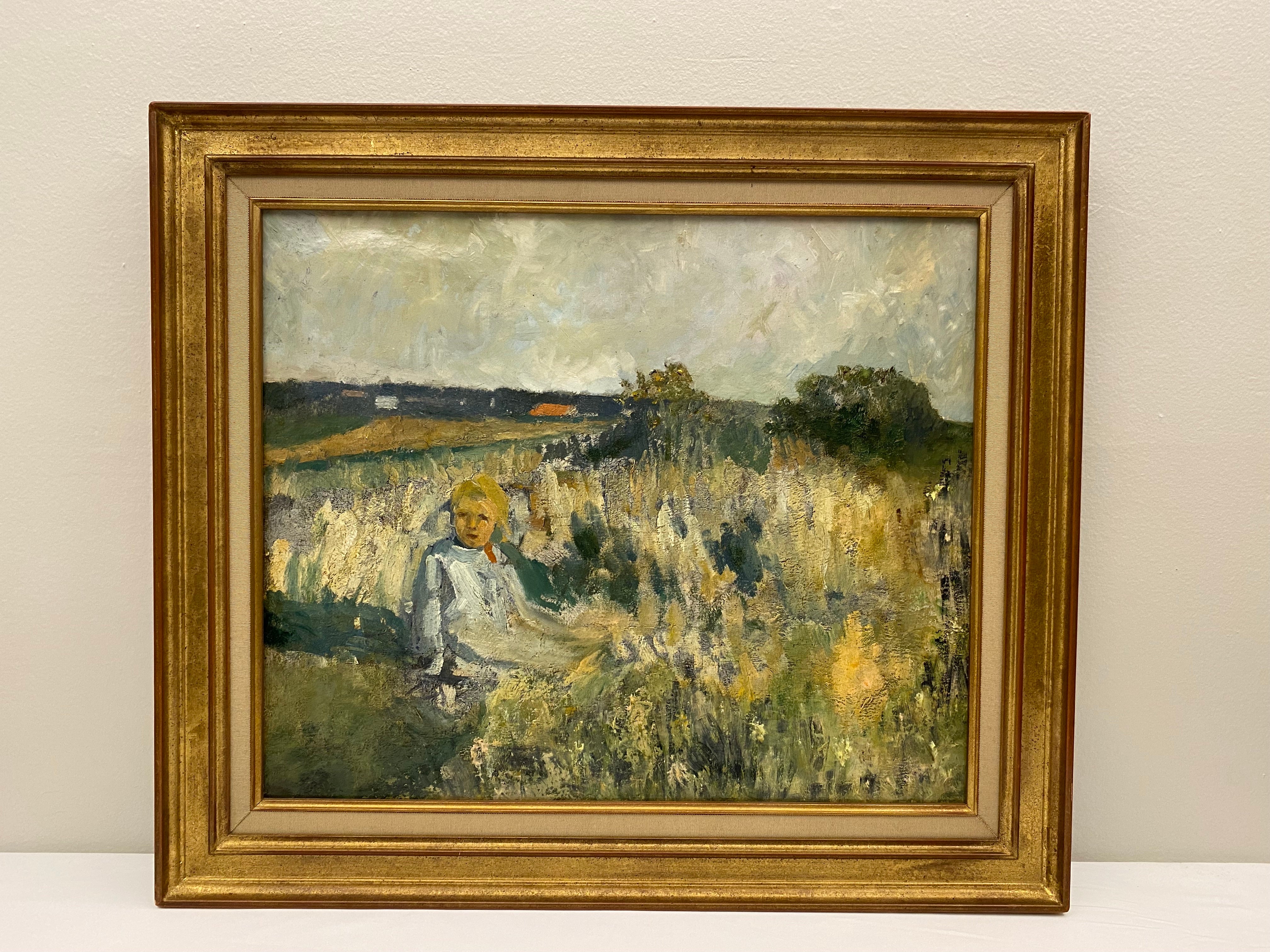 Child Seated in a Field in Provence
French Post-Impressionist School, circa 1950's
Oil painting on canvas, framed in a Montparnasse style frame
Framed: 26.50 x 23 inches

Provenance: private collection, France
Condition: very good and sound