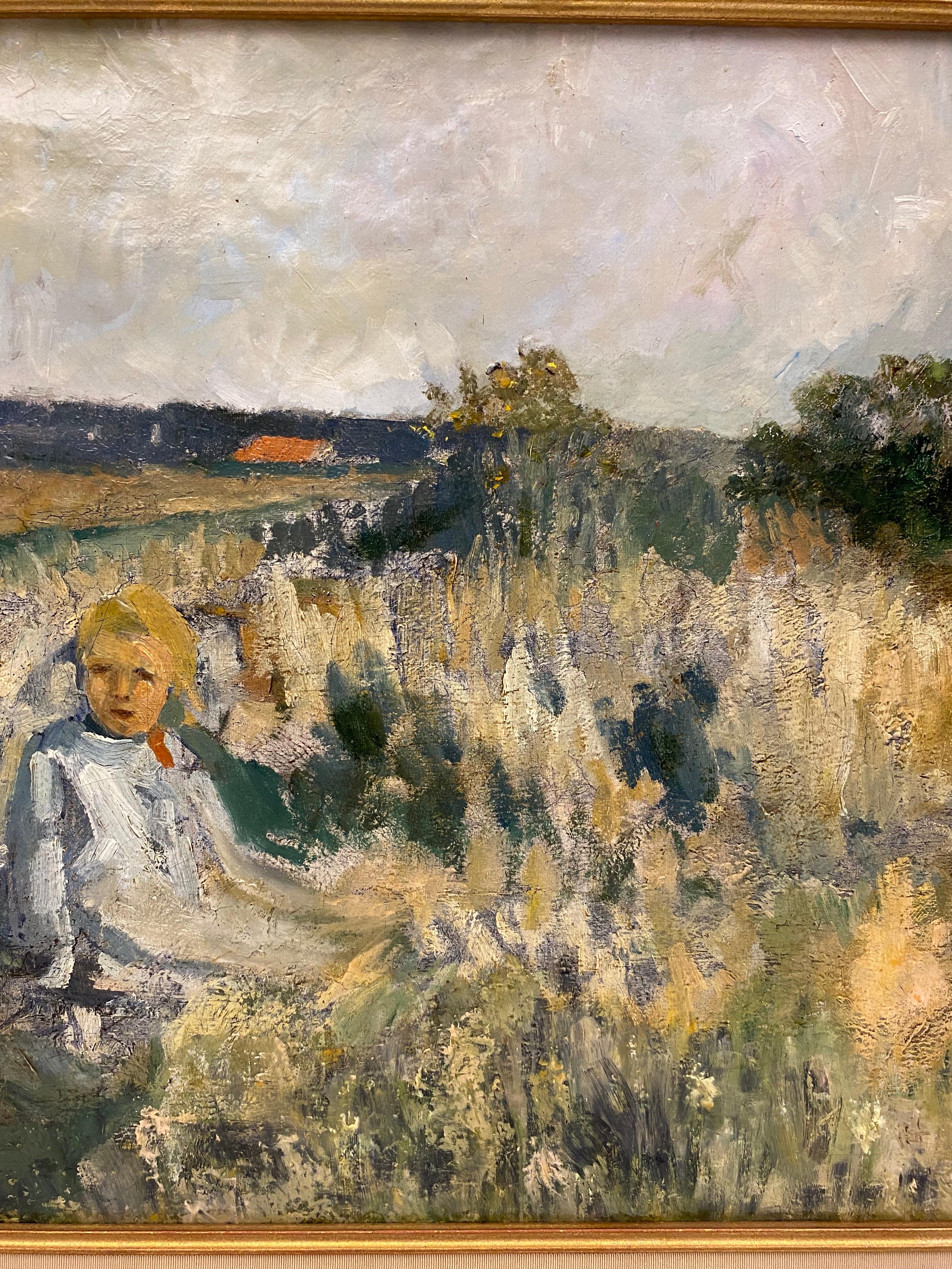 Peinture à l'huile sur toile post-impressionniste française, enfant dans un champ en Provence Bon état - En vente à Miami, FL