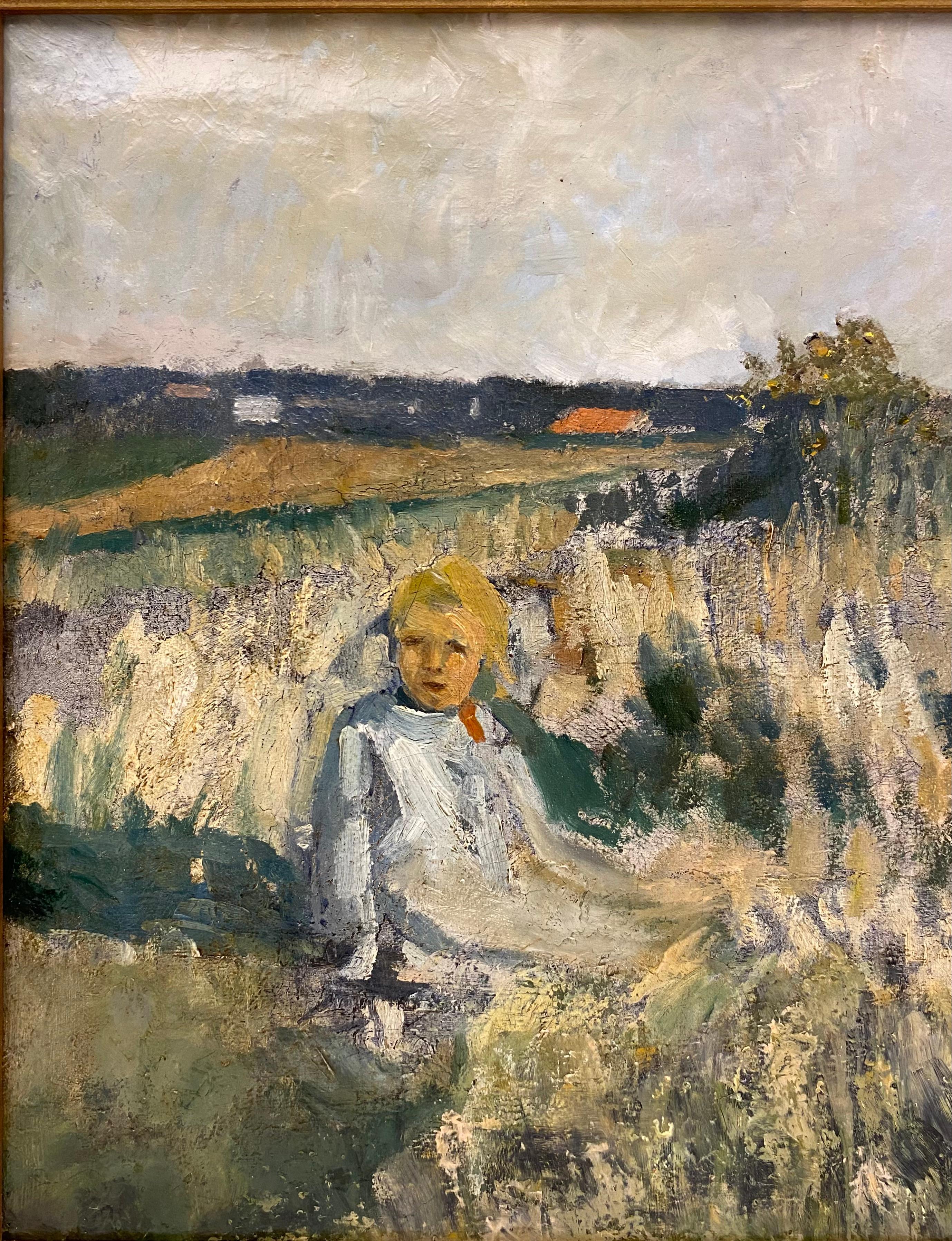 Toile Peinture à l'huile sur toile post-impressionniste française, enfant dans un champ en Provence en vente