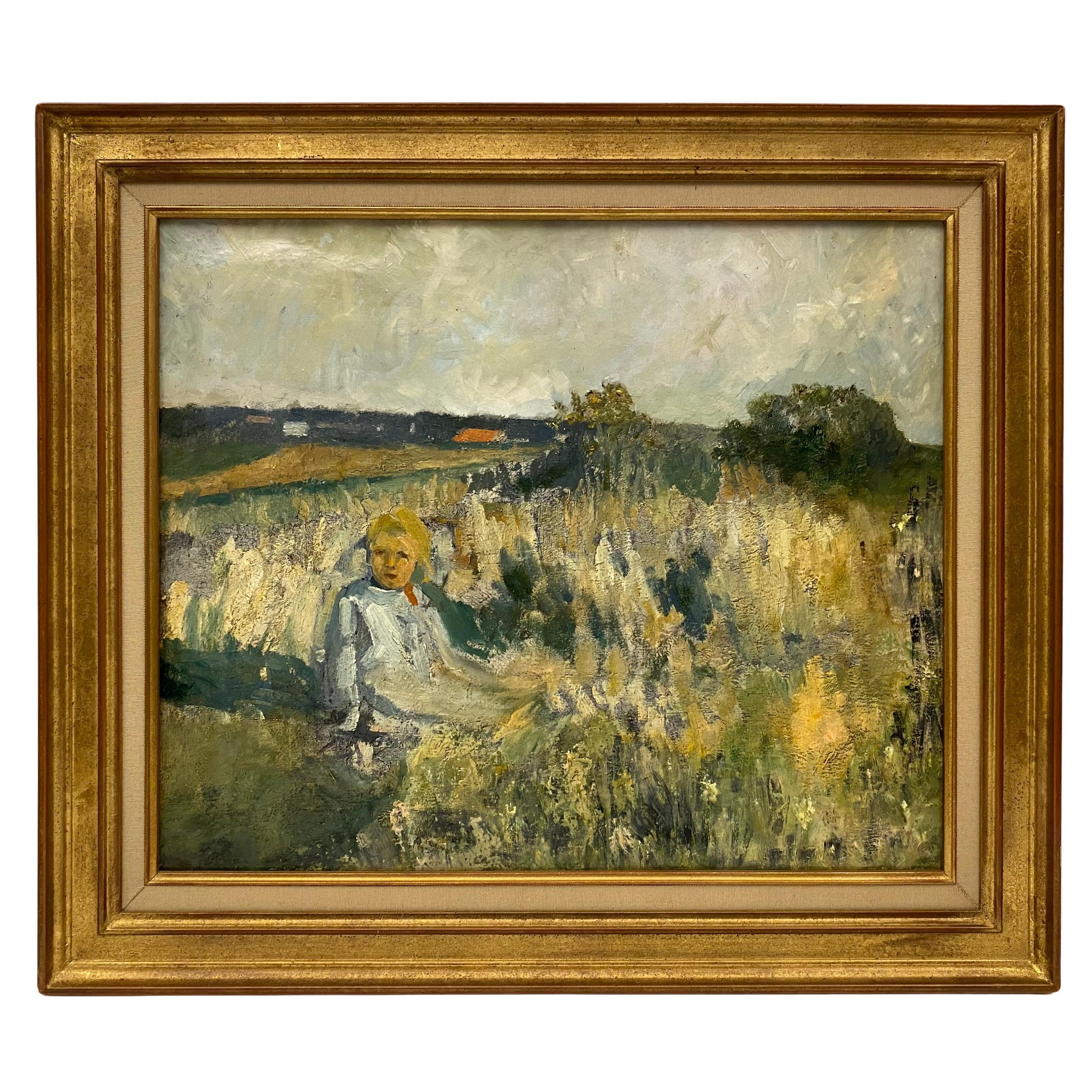 French Post Impressionist Oil on Canvas Painting, Child in a Field in Provence For Sale