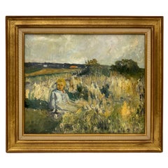 Peinture à l'huile sur toile post-impressionniste française, enfant dans un champ en Provence
