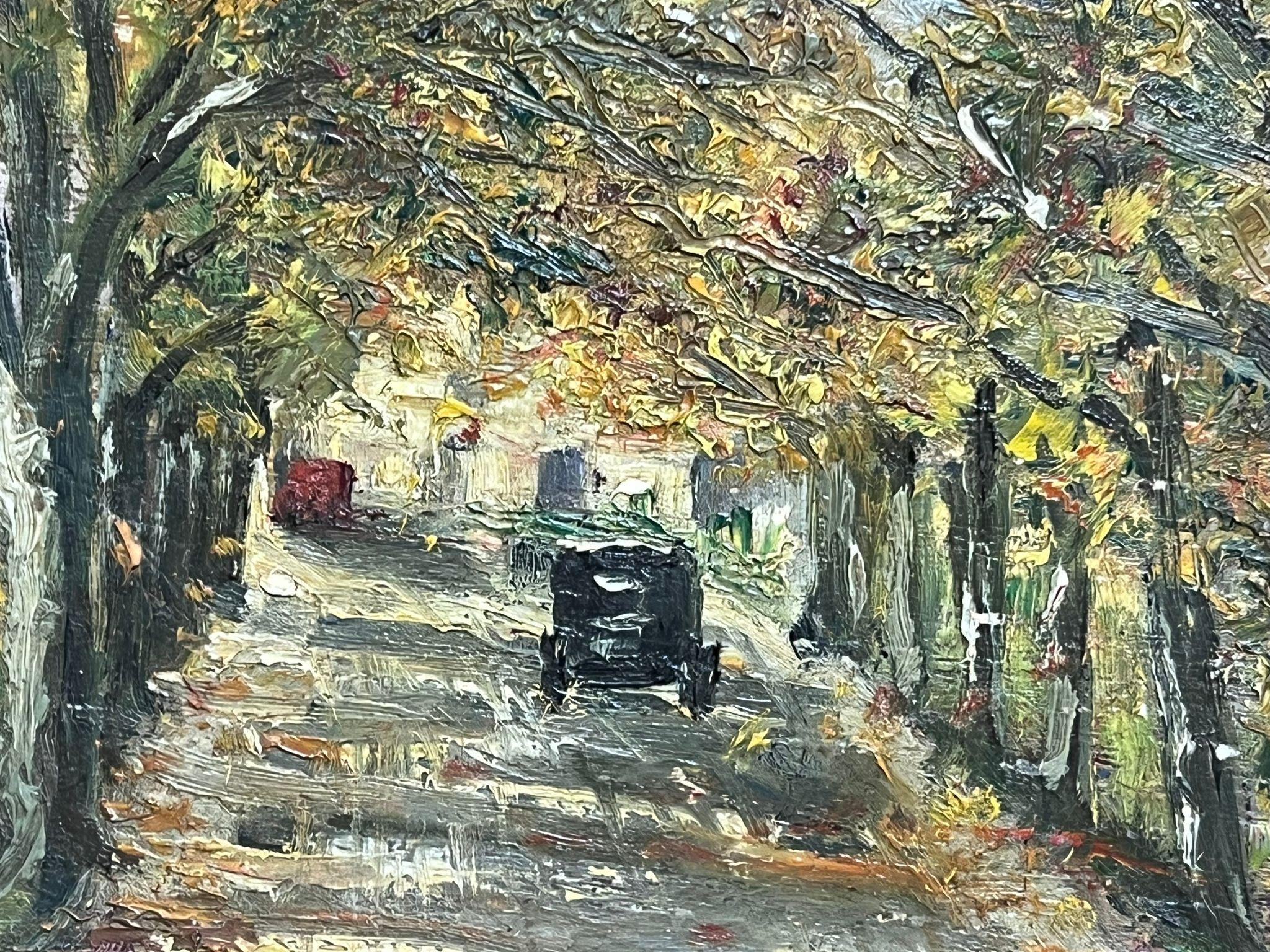 Pittura a olio francese degli anni '30 Auto d'epoca in un vialetto con paesaggio Wood - Painting Postimpressionismo di French Post Impressionist