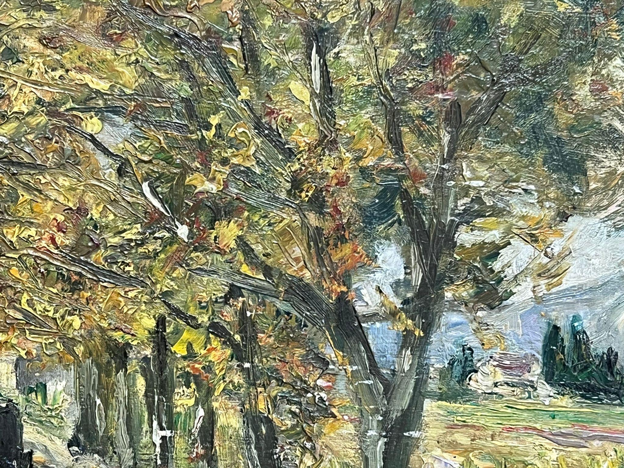 Pittura a olio francese degli anni '30 Auto d'epoca in un vialetto con paesaggio Wood - Landscape Painting Marrone di French Post Impressionist