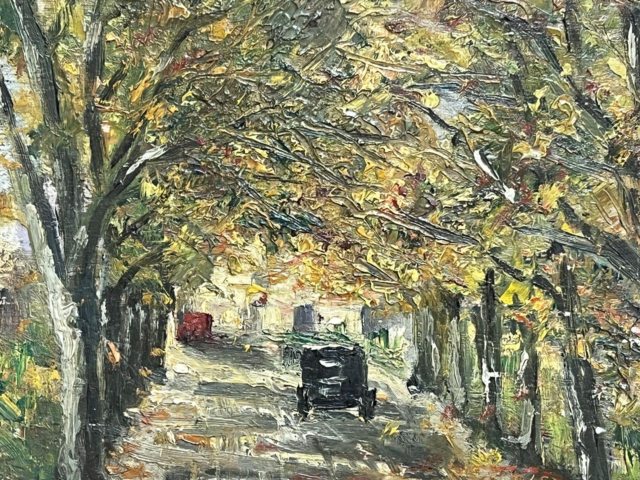 Pittura a olio francese degli anni '30 Auto d'epoca in un vialetto con paesaggio Wood 1