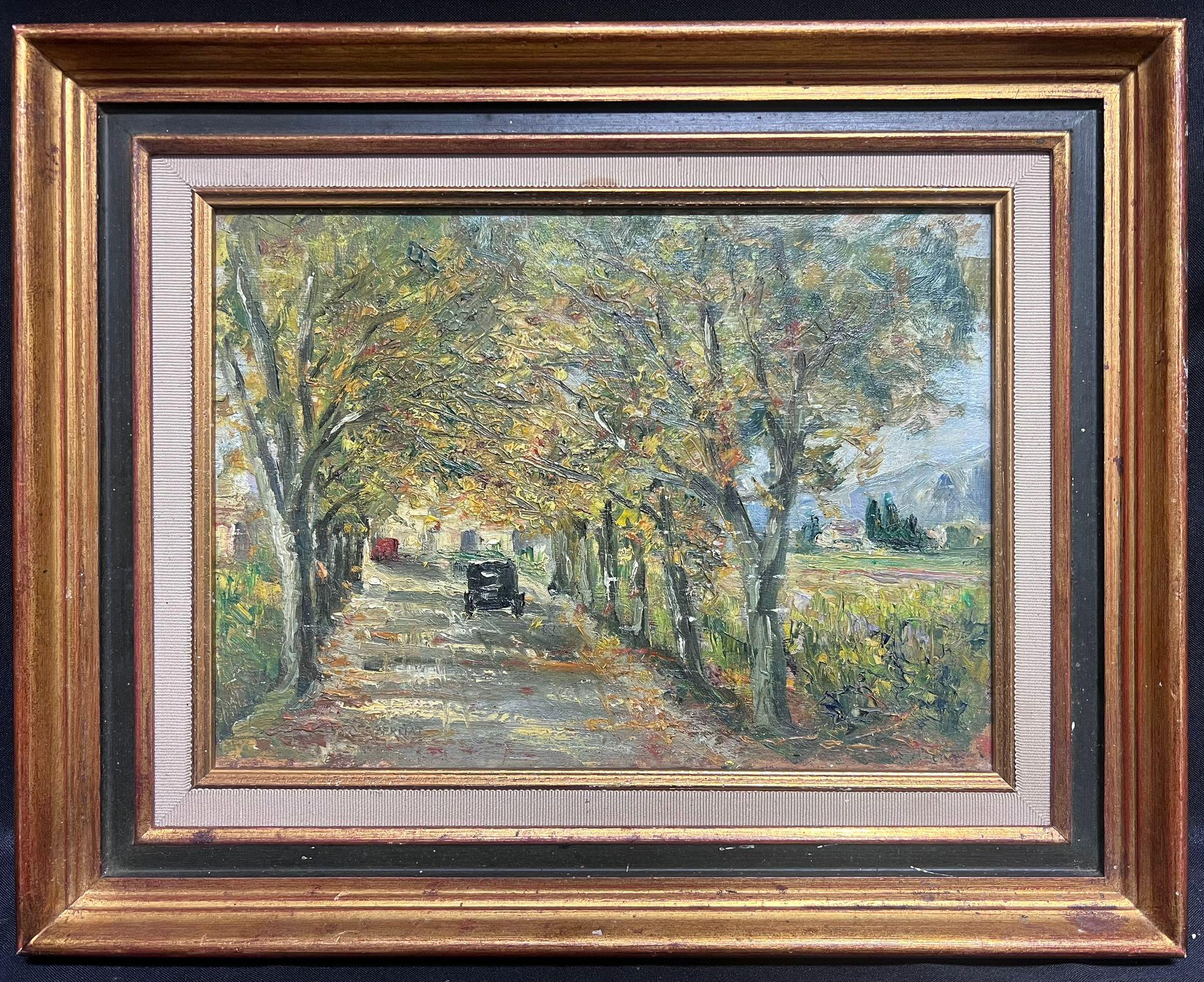 1930's French Oil Painting Vintage Car in Wooded Landscape Driveway