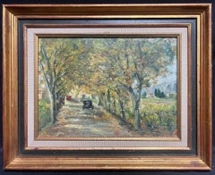 1930's French Oil Painting Vintage Car in Wooded Landscape Driveway