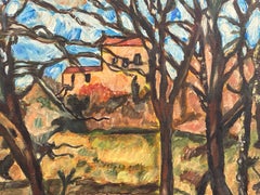 French Post Impressionist Oil after Cezanne Houses in Winter Woodland Landscape