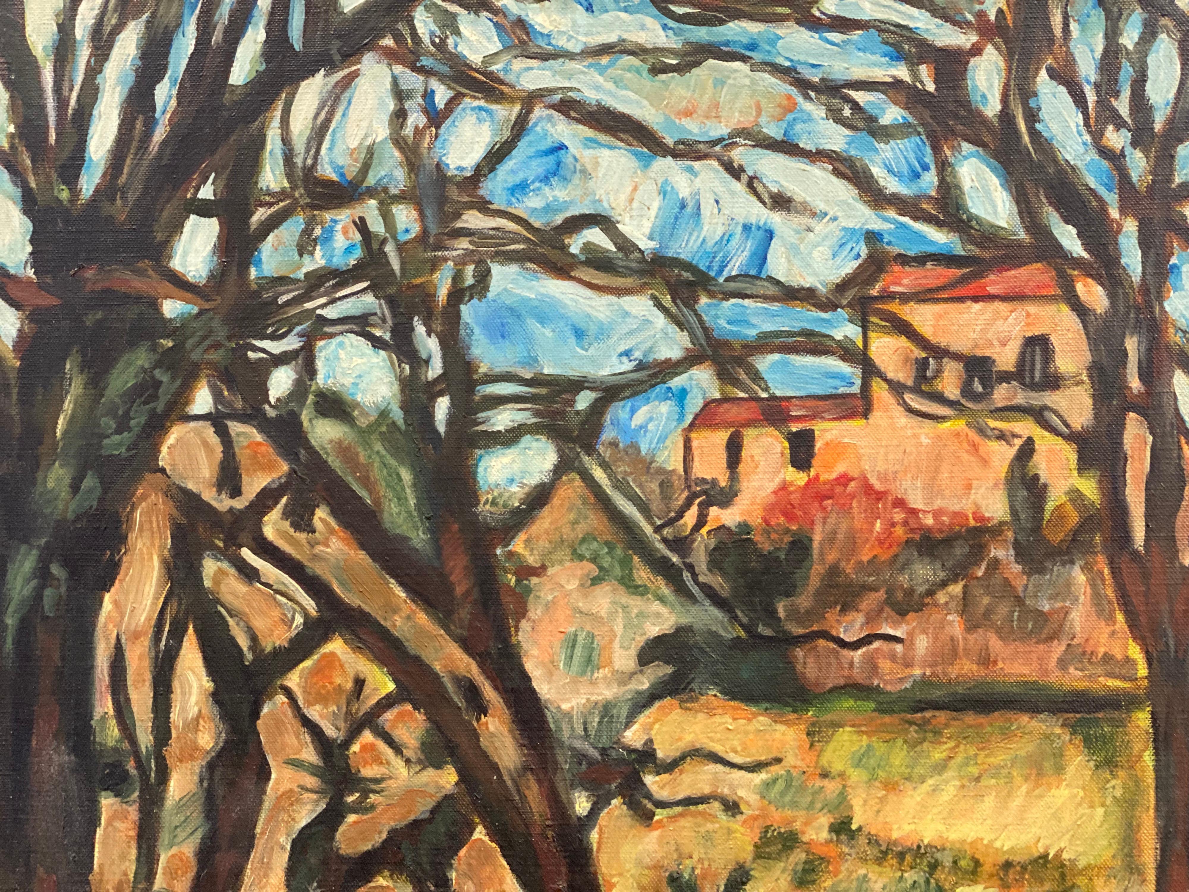 French Post Impressionist Oil after Cezanne Houses in Winter Woodland Landscape For Sale 1