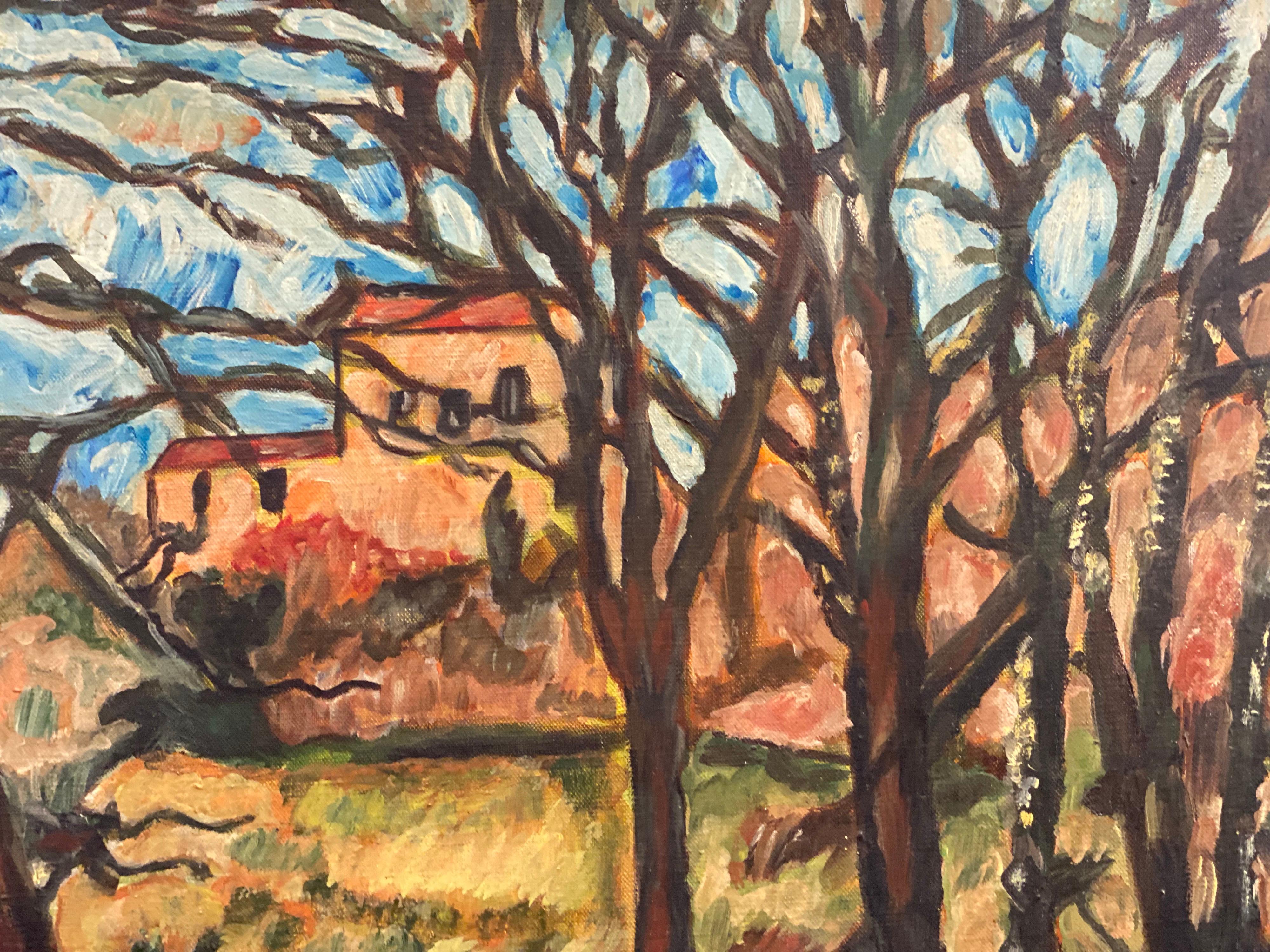 French Post Impressionist Oil after Cezanne Houses in Winter Woodland Landscape For Sale 4