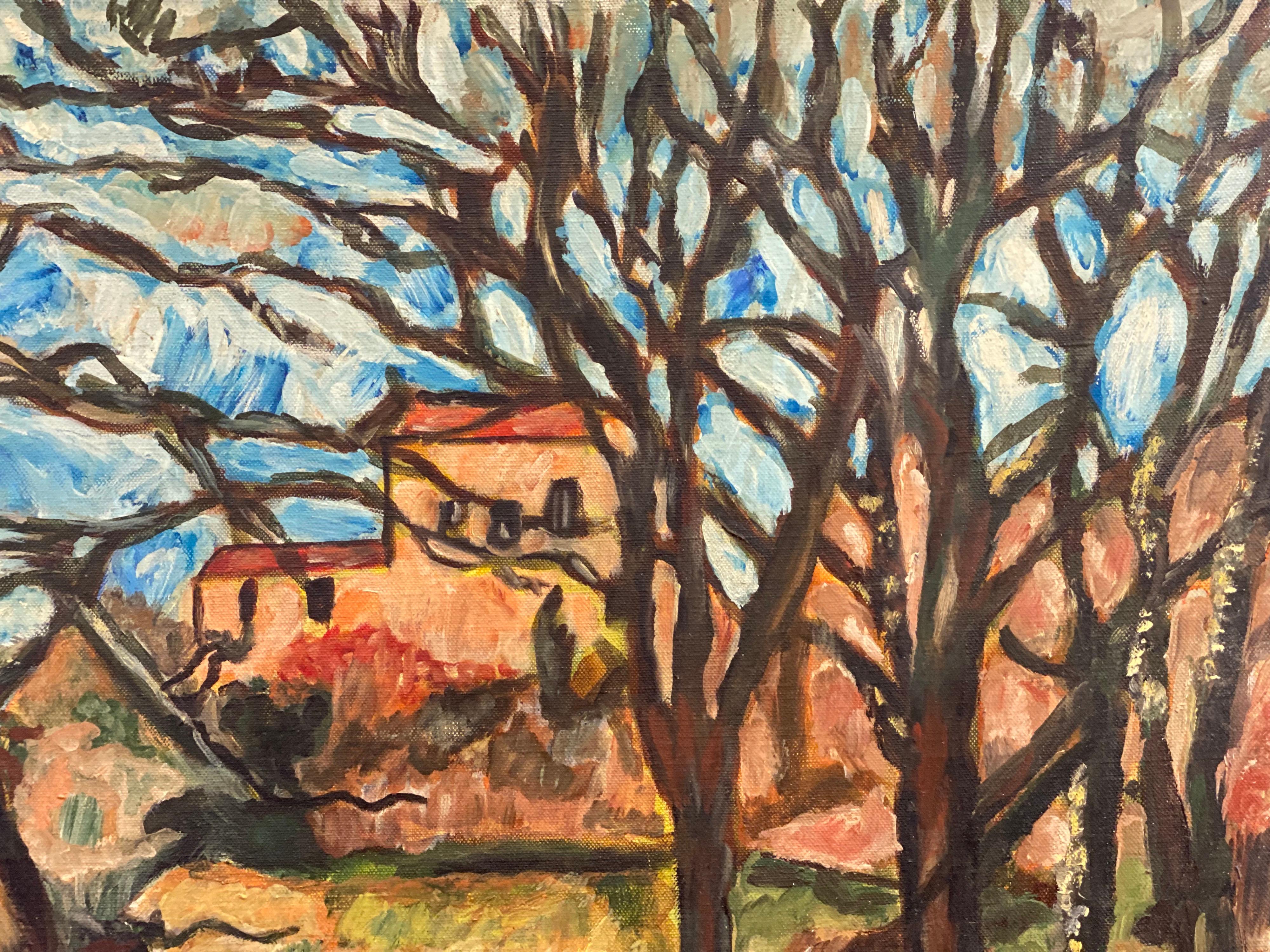 French Post Impressionist Oil after Cezanne Houses in Winter Woodland Landscape For Sale 5