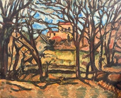 French Post Impressionist Oil after Cezanne Houses in Winter Woodland Landscape