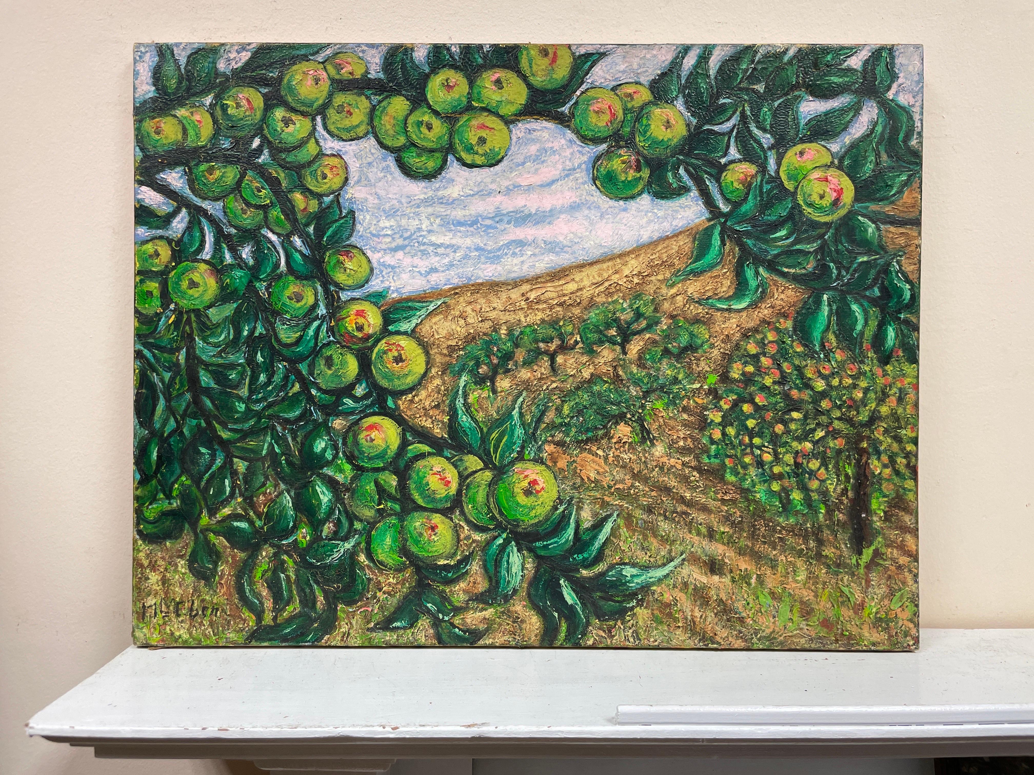 Large 1950's French Signed Oil Apple Orchard Rural Field Very Thick Oil - Painting by French Post Impressionist