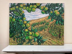 Large 1950's French Signed Oil Apple Orchard Rural Field Very Thick Oil