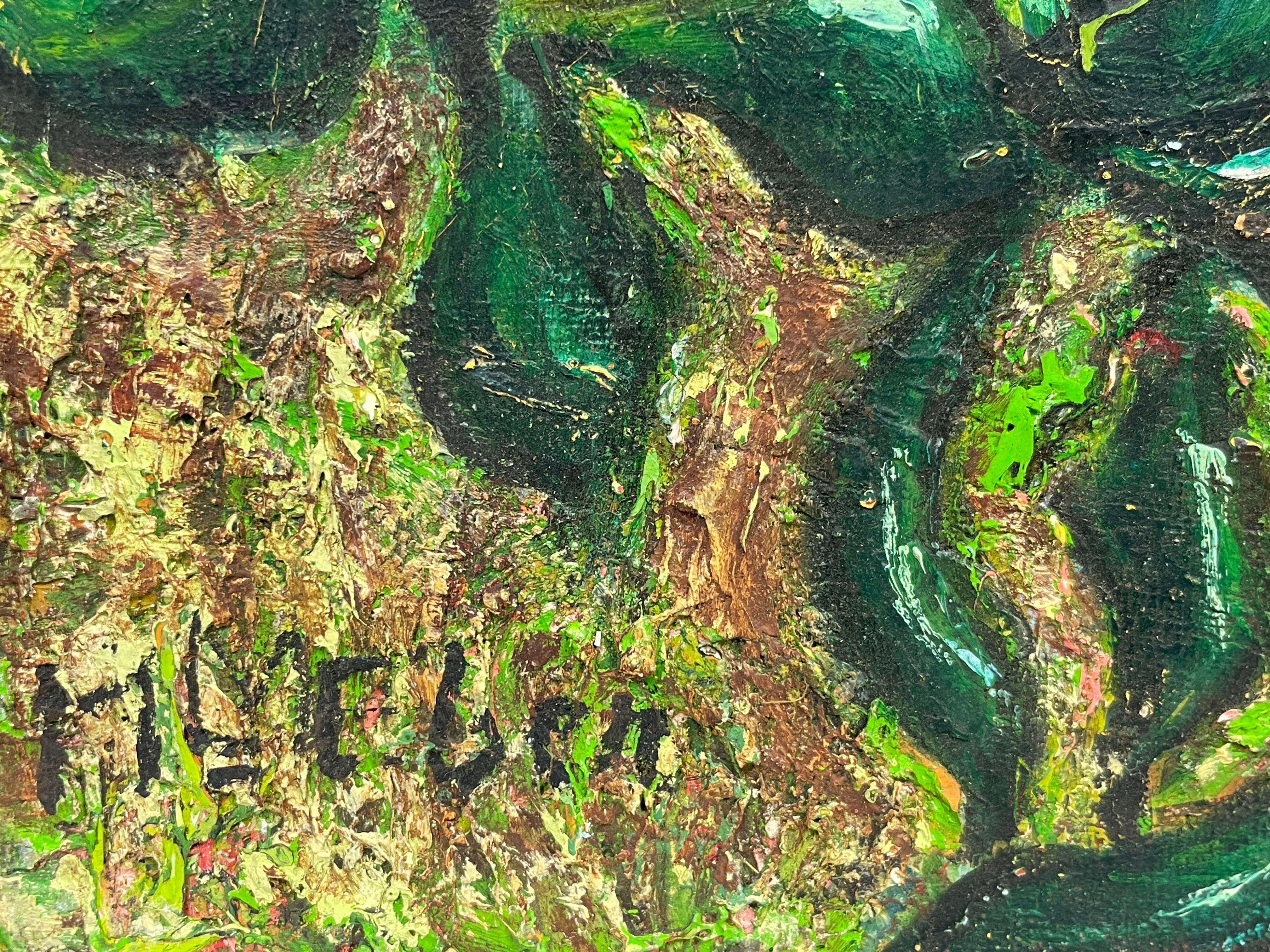 Grande olio francese del 1950 firmato Frutteto di mele Campo rurale Olio molto spesso - Painting Postimpressionismo di French Post Impressionist