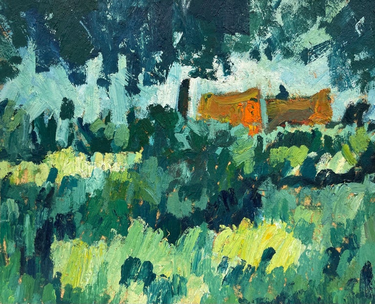 French Post Impressionist Landscape Painting - Mid 20th Century French Barns in Shaded Green Fields Landscape Thick Impasto Oil