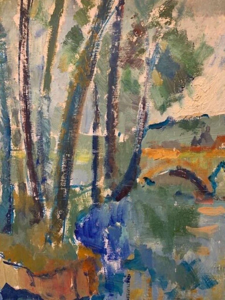 Peinture à l'huile post-impressionniste française du milieu du 20e siècle représentant un paysage fluvial - Painting de French Post Impressionist