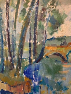 Peinture à l'huile post-impressionniste française du milieu du 20e siècle représentant un paysage fluvial