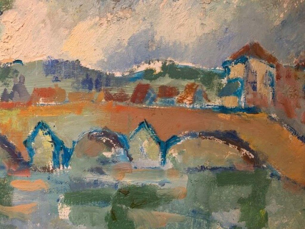 Peinture à l'huile post-impressionniste française du milieu du 20e siècle représentant un paysage fluvial - Impressionnisme Painting par French Post Impressionist