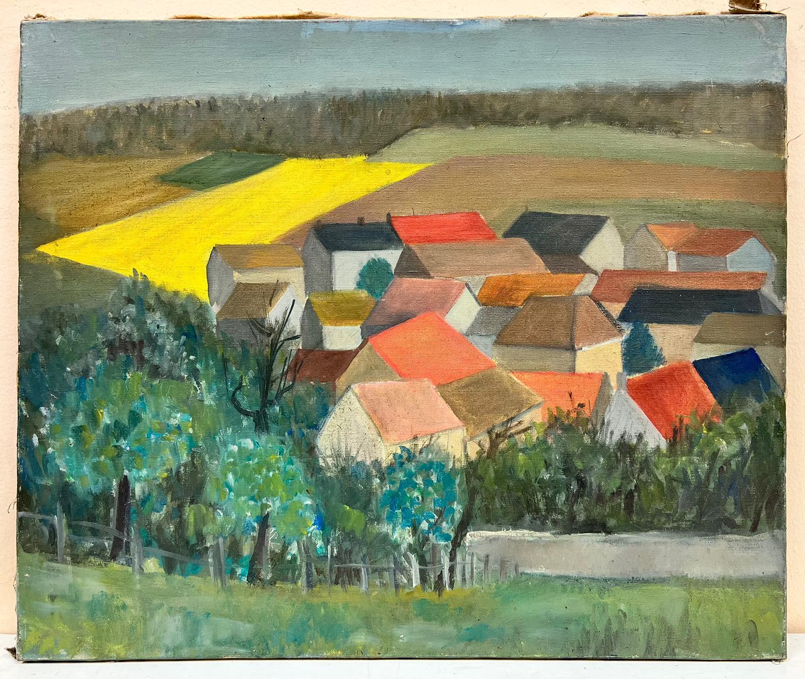 Huile cubiste/post-impressionniste française du milieu du siècle Maisons à toit rouge dans un paysage - Painting de French Post Impressionist