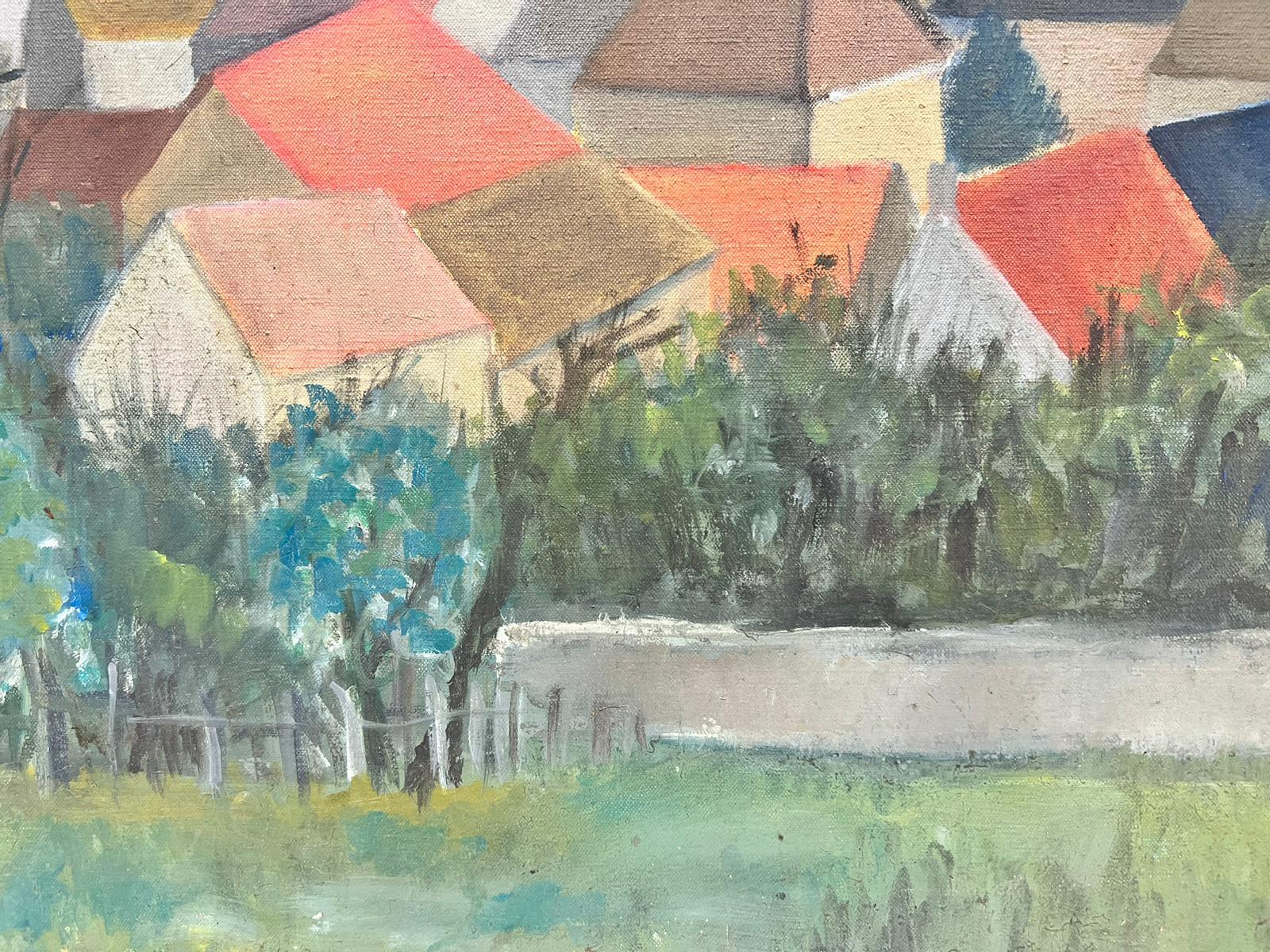 Huile cubiste/post-impressionniste française du milieu du siècle Maisons à toit rouge dans un paysage en vente 1