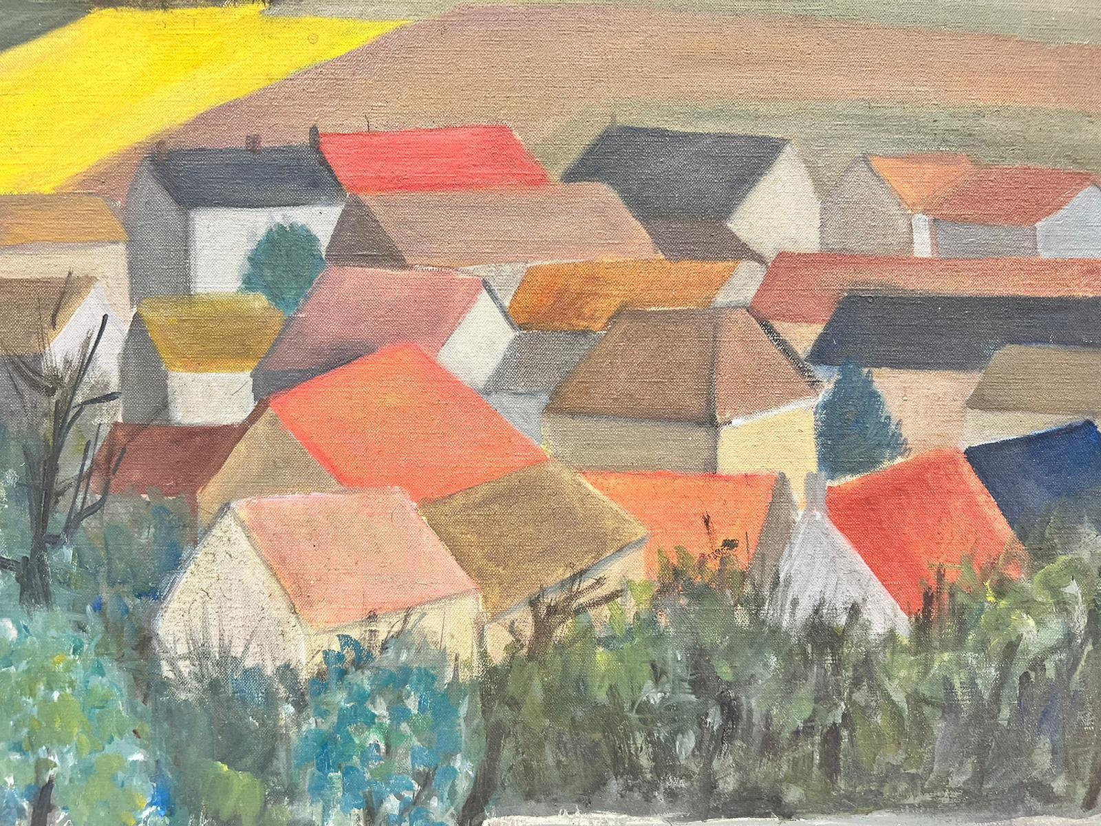 Huile cubiste/post-impressionniste française du milieu du siècle Maisons à toit rouge dans un paysage en vente 2